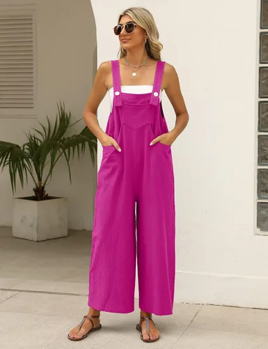 Vista 5 de SeekMe Overol de algodón y lino para mujer, sin mangas, tirantes ajustables, holgado, pierna ancha