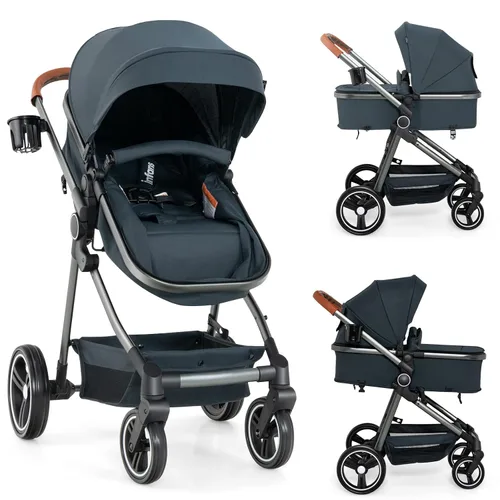 Vista 9 de INFANS Cochecito de bebé 2 en 1, plegable de alta absorción de impactos con asiento reversible, cuna convertible para recién nacido, estructura