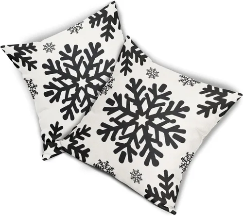 Vista 8 de Fundas de almohada decorativas de Navidad negras 40x40 cm con copos de nieve blancos de Navidad, juego de 2, temática rústica de invierno