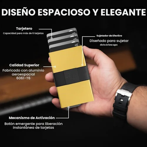 Vista 2 de CODE 118 Billetera – Billetera inteligente automática premium, bloqueo RFID, billetera de metal minimalista emergente para hombres, aluminio de 24K