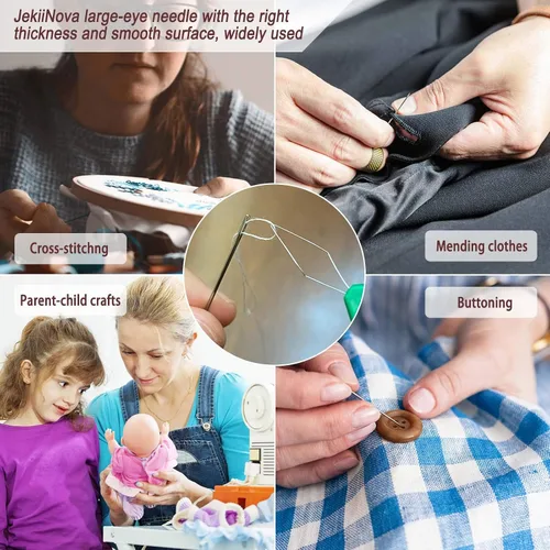 Vista 7 de Agujas de ojo grande para coser a mano, 50 agujas de coser de ojos grandes de alta calidad con enhebradores y tubo de almacenamiento, 5 agujas