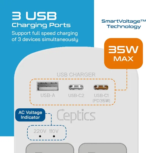 Vista 8 de Adaptador de viaje Ceptics, de EE. UU. a Japón, Filipinas, con doble USB, tipo A, ultra compacto All in One - 2 USB + 2 US Sockets Blanco