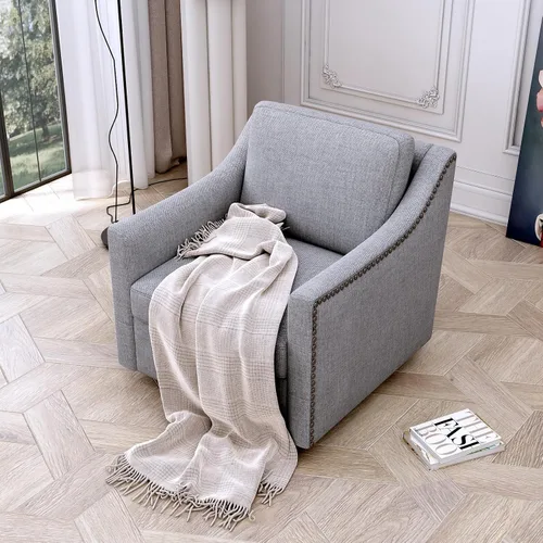 Vista 7 de Olela Silla giratoria para sala de estar, dormitorio, sillón de gran tamaño, moderno barril redondo con brazo en línea de tela (gris)