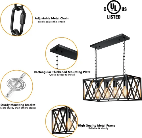 Vista 2 de Pynsseu - Lámpara colgante de isla de cocina industrial, rectangular, estilo clásico rústico, lámpara colgante de 4 luces, para cocinas de casa