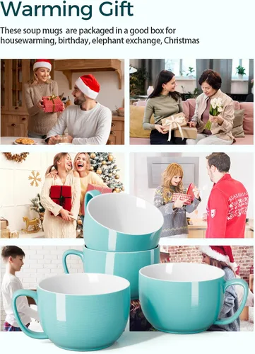 Vista 4 de Teocera Juego de 4 tazas de café de 12 onzas y tazas de café jumbo de 24 onzas, color turquesa