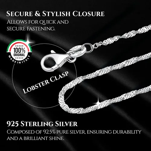 Vista 3 de Collar de cadena italiana de Singapur de plata de ley 925 de 0.047 in con cierre de pinza de langosta de 16 a 30 pulgadas