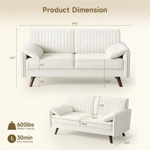 Vista 2 de ONBRILL Sofá Loveseat de 64.5", Sofá Loveseat de Chenilla para Sala de Estar, Asiento Profundo de 23.2" Love Seat con Brazos Acolchados, Cómodos