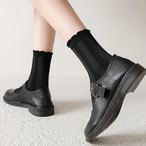 Vista 4 de Zrylibya 4 pares de calcetines tobilleros texturizados de ganchillo para mujer, color liso, básicos, casuales, talla 5-10