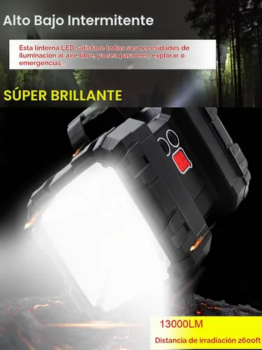Vista 3 de Linterna LED recargable, foco LED, gran capacidad de potencia, 13000 lúmenes, 20 horas, espera ultra larga, 7 modos de luz, luz de trabajo