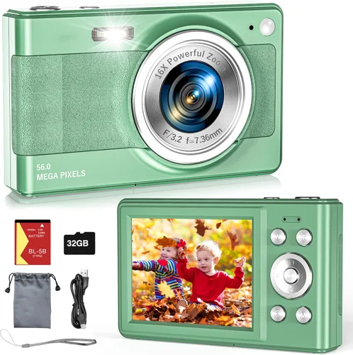Vista 11 de Nueva cámara digital 2025, 56MP FHD 1080P para niños con zoom digital de 16x, antivibración, detección facial, captura de sonrisas, tarjeta TF de 32