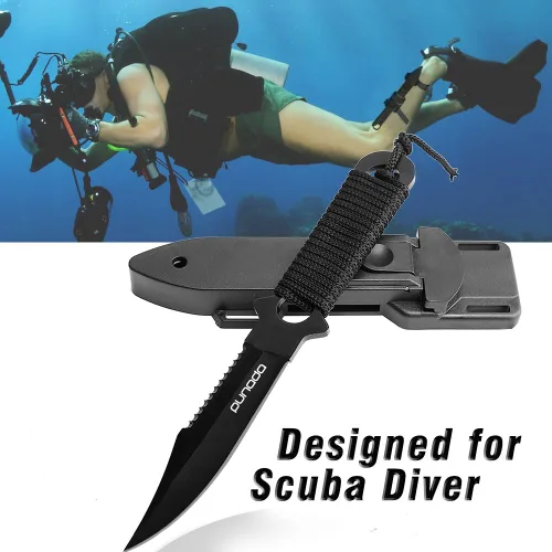 Vista 5 de Cuchillo de buceo punada - Cuchillo de buceo con funda, 2 tipos de fundas, 2 pares de correas para muslos y piernas, cuchillos premium negros