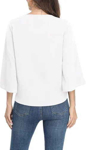 Vista 2 de VIISHOW Blusas de verano para mujer, con botones, cuello en V, de gasa, mangas acampanadas de 3/4, con nudo, casuales 01 Blanco