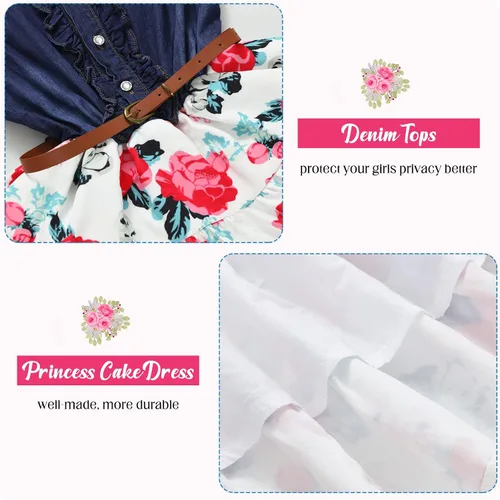 Vista 5 de YJ.GWL Vestido de niña de flores, vestido floral de mezclilla, vestidos de princesa para niñas, vestido blanco de primavera y verano, trajes