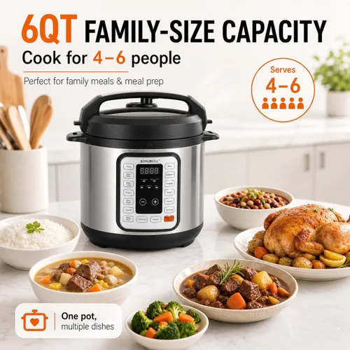Vista 4 de KINGBULL Olla a presión eléctrica 6QT - Cocina múltiple 12 en 1, programas de un solo toque para arroz, sopa, carne, vapor, yogur, cocción lenta