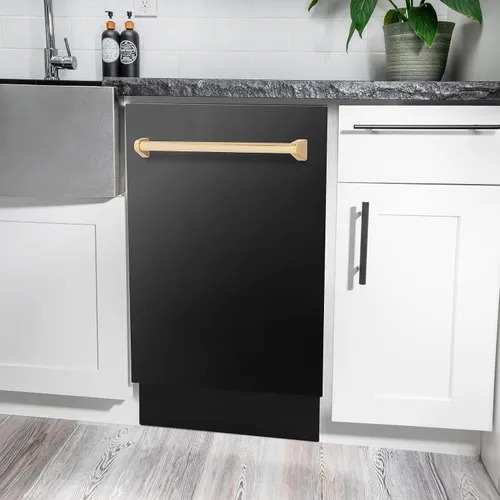 Vista 6 de ZLINE Autograph Edition - Lavavajillas compacto de 18 pulgadas con control superior en acero inoxidable negro con mango dorado, 51dBa (DWVZ-BS-18-G)