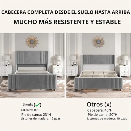Vista 6 de Albott Base de cama de plataforma tamaño King, cama tapizada con cabecera y estribo con alas capitoné de canal vertical, terciopelo de alta calidad