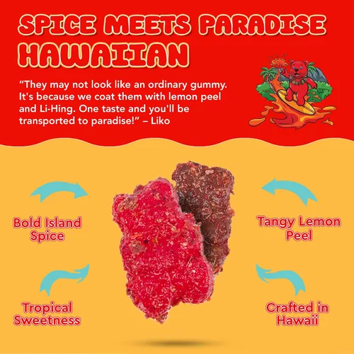 Vista 3 de Ositos de gomita de lava especiados hawaianos con li-hing y cáscara de limón, caramelo dulce, ácido y salado hecho en Hawái, aperitivo de gomita