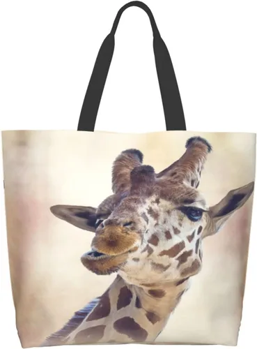 Vista 3 de Bolso de hombro para mujer, divertido bolso de viaje con cara de jirafa, bolsa de almacenamiento reutilizable con asa