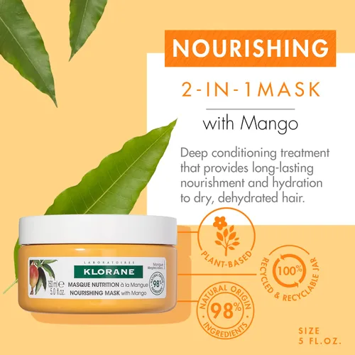 Vista 2 de Klorane Mascarilla nutritiva 2 en 1 con mango, acondicionamiento profundo y tratamiento nocturno para cabello seco, sin parabenos, silicona