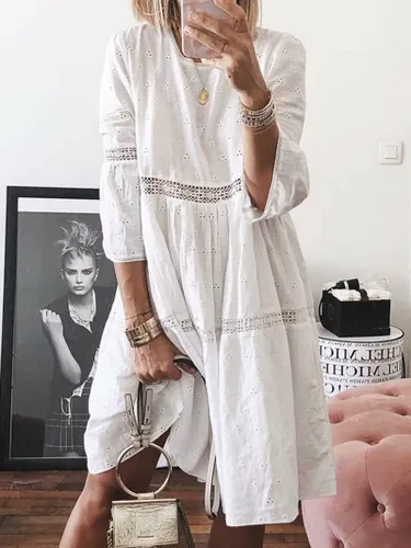 Vista 2 de Vestido midi bohemio de talla grande para mujer, manga 34, cuello redondo, vestido de playa, vestido de verano con vuelo hasta 5XL