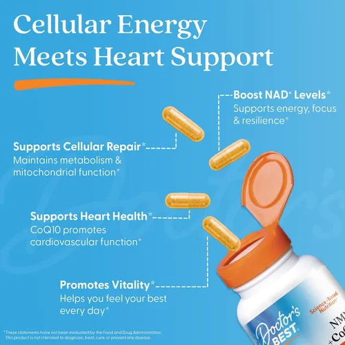 Vista 3 de Doctor's Best Suplemento NMN + CoQ10 para mujeres y hombres, apoya la producción de NAD+ y energía celular, beta nicotinamida mononucleótido de 150