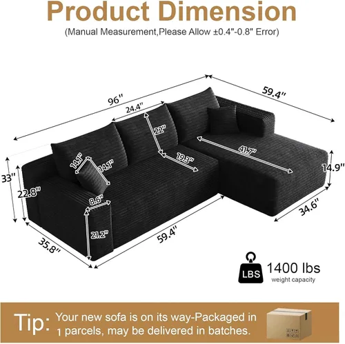Vista 2 de AUGOP Sofá modular moderno de 96 pulgadas para sala de estar, sofá modular con sofás en forma de L, sofá tapizado sin hueso, asiento profundo, sofá