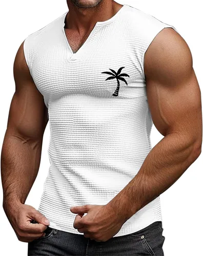 Vista 11 de Camiseta sin mangas con estampado gráfico de verano para hombre, cuello en V, talla grande, casual, recortada, para gimnasio, atlética, muscular