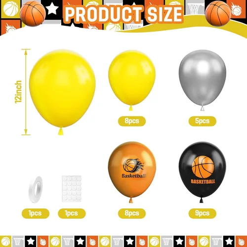 Vista 2 de Globos de baloncesto, 30 globos de látex impresos de 12 pulgadas, naranja, negro, plateado metálico y baloncesto para fiestas temáticas deportivas