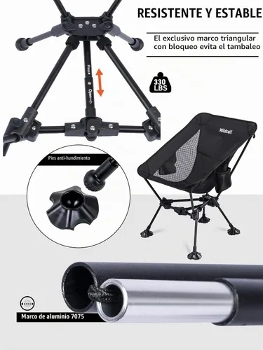 Vista 6 de WildCall Silla de camping plegable ligera, silla antihundimiento