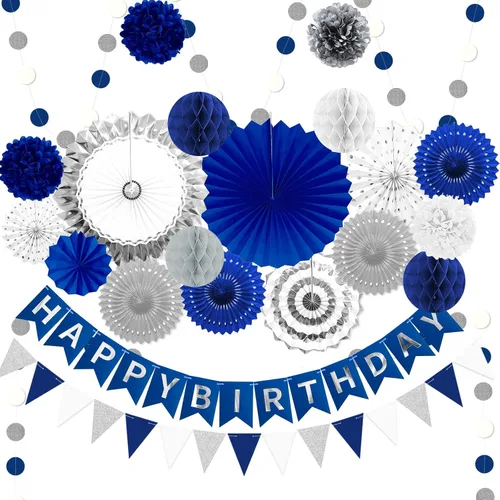 Vista 13 de Juego de 24 piezas de decoración de fiesta de cumpleaños azul marino dorado para baby shower with Hanging Paper Fans Pom Poms Flowers Garland