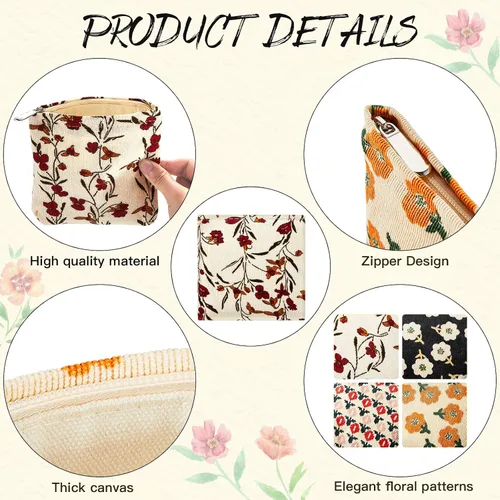 Vista 4 de Abbylike 4 piezas de bolsa de maquillaje floral, bolsa de cosméticos de pana con cremallera, pequeñas bolsas portátiles para bolso, mini bolsa