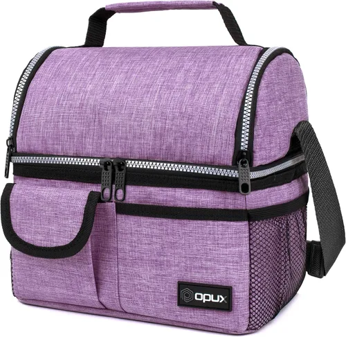 Vista 14 de Opux - Bolsa de almuerzo aislada de doble compartimento para hombres y mujeres Bolsa de almuerzo reutilizable con correa para el hombro, forro