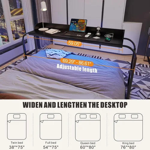 Vista 9 de HWB Mesa sobre cama con luces LED de sensor automático, mesa sobre cama con ruedas de altura ajustable con estación de carga, mesa auxiliar, mesa