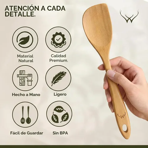 Vista 5 de Prime - Juego de 3 cucharas de madera de bambú para cocinar, utensilios de cocina de madera con mango largo, incluye cuchara plana de madera