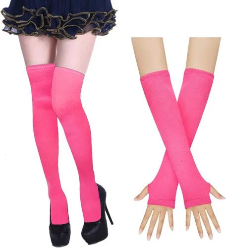 Vista 20 de Benefeet Sox Conjunto de calcetines altos hasta el muslo a rayas arcoíris para mujer, calentadores de brazos, guantes sin dedos, disfraz