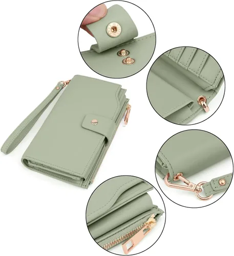 Vista 5 de UTO Cartera de cuero vegano para mujer, cartera larga con broche de presión, tarjetero de crédito, elegante embrague