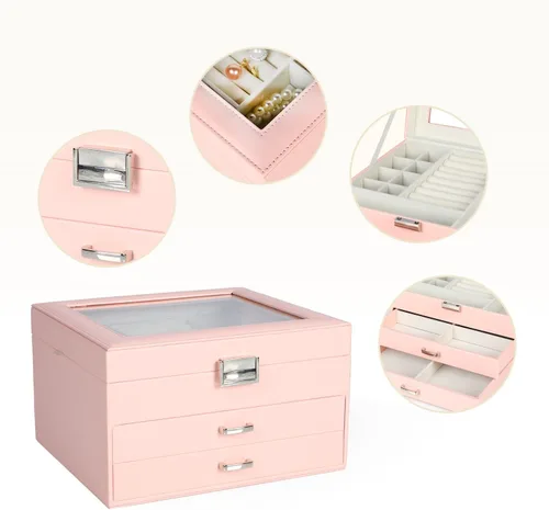 Vista 6 de DQUTAR Joyero con tapa de cristal caja organizadora de joyas de piel sintética de 3 capas con 2 cajones joyero para mujeres y niñas caja de joyería