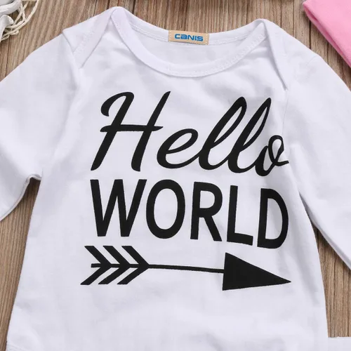 Vista 4 de Conjunto de 3 piezas de ropa para bebé recién nacido, estampado de Hello World, manga larga, pantalones largos, gorro, conjunto de 3 piezas
