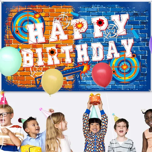 Vista 5 de Tatuo Fondo de pistola de feliz cumpleaños, decoración de fiesta, suministros de dardos, fondo de batalla, agua para decoración temática de fiesta