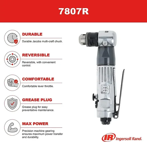 Vista 5 de Ingersoll Rand 7807R Taladro angular de aire reversible de 3/8 pulgadas, servicio estándar, 1800 RPM, mandril multimanualidades Jacobs silencioso