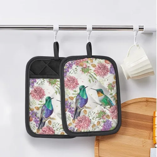 Vista 6 de Gomyblomy Hummingbirds & Flowers - Forro de sartén aislado para mujer, 2 piezas, resistente al calor, con bolsillo, protector de cocina ligero