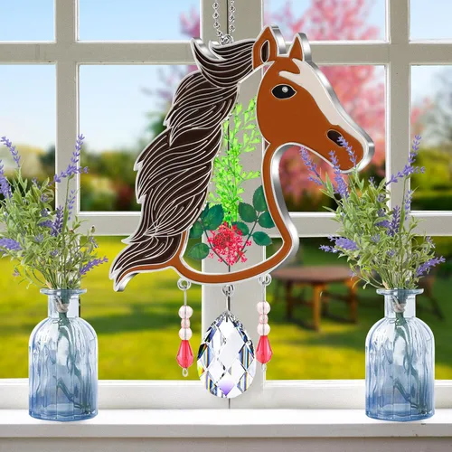 Vista 8 de KY&BOSAM Atrapasoles de cristal pintado a mano con cabeza de caballo, campanilla de viento con flor prensada incrustada en ventana de cristal, Día