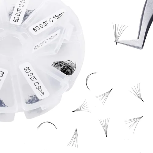 Vista 13 de Extensiones de pestañas de 1200 fans, prefabricadas, con volumen, 9-20mm, bandeja mixta, 20D, con punta en C, base puntiaguda, extensiones