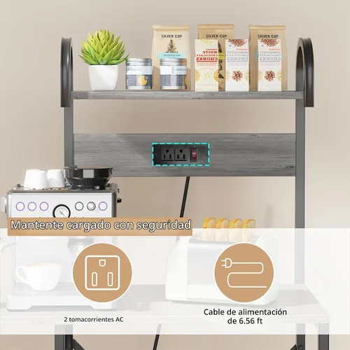 Vista 7 de JAMFLY Estante para hornear de cocina de 35.4 pulgadas con toma de corriente, mesa de café y soporte para horno microondas, estante de Gris