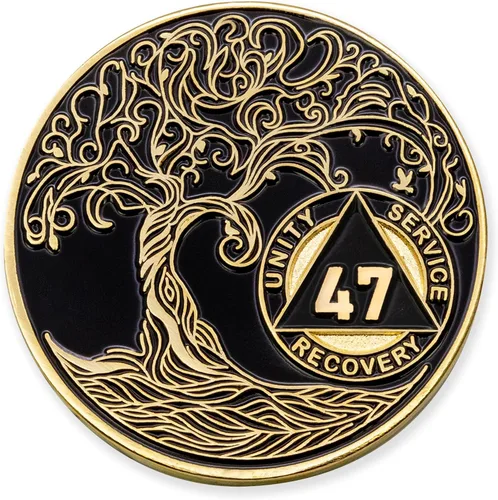 Vista 86 de 1 año Sobriety Mint Twisted Tree of Life Medallón de recuperación AA chapado en oro, chip/ficha - negro