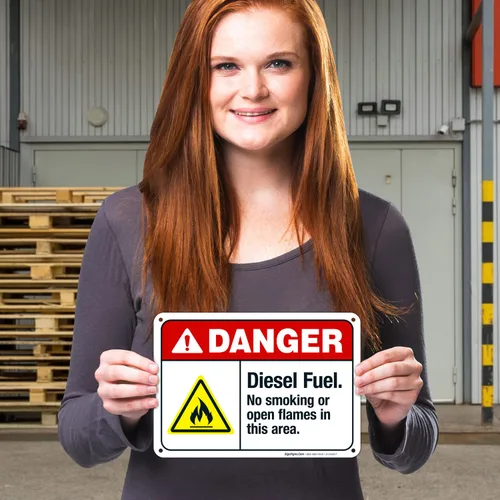 Vista 9 de Diesel Fuel No Smoking Or Open Flames in This Area Sign, ANSI Danger Sign, 10x7 Inches, Rust Free .040 Aluminum, Fade Resistant, Indoor/Outdoor Use