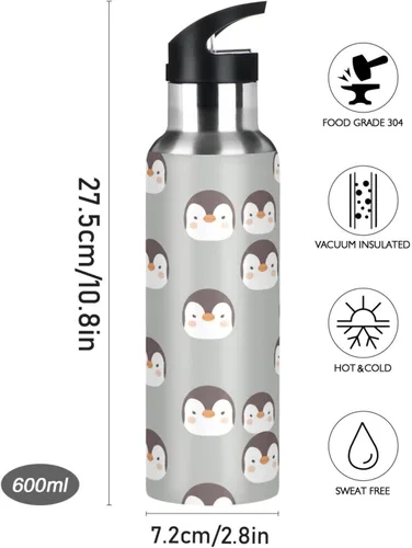 Vista 9 de Cute Penguins Face Gray Insulated Stainless Steel Water Bottle with Straw 20 Oz, BPA-Free Sport Water Bottle Insulated Leakproof Water Bottles
