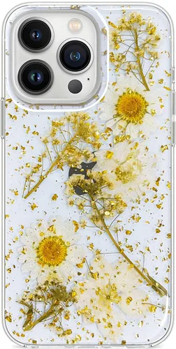 Vista 29 de Abbery Funda diseñada para iPhone 13 Pro con diseño de flores prensadas con purpurina y diseño de goma de silicona suave, diseño de flores reales