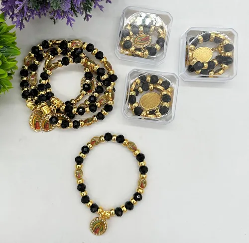 Vista 4 de RBN Pulsera de cuentas negras Virgen María con cuentas de protección de prosperidad buena suerte, pulsera de la Virgen María Color Negro Católica