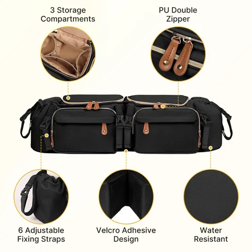 Vista 7 de Boomistry - Organizador doble para cochecito con 2 bolsillos refrigerantes, color negro Para Bob Duallie y Baby Jogger City Mini GT2, soporte
